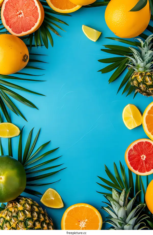 Summer Tropical Fruits Background With Pineapple And Palm Leaves