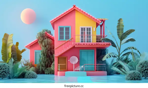 Colorful beach houses with palm trees in a tropical setting