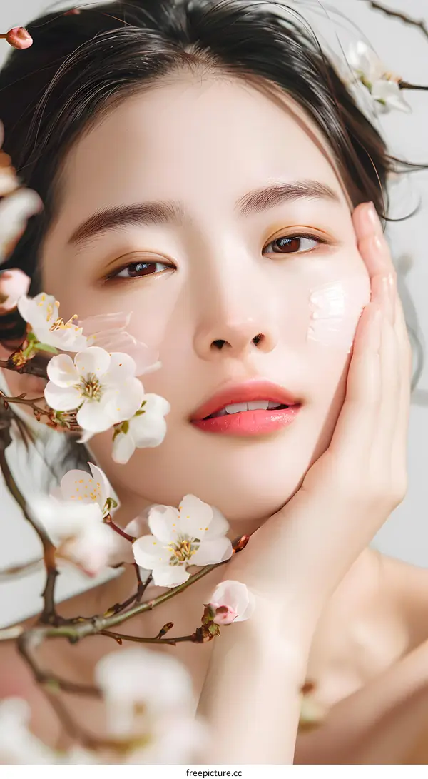 Beautiful Asian Woman with Flowers and Cream on Face