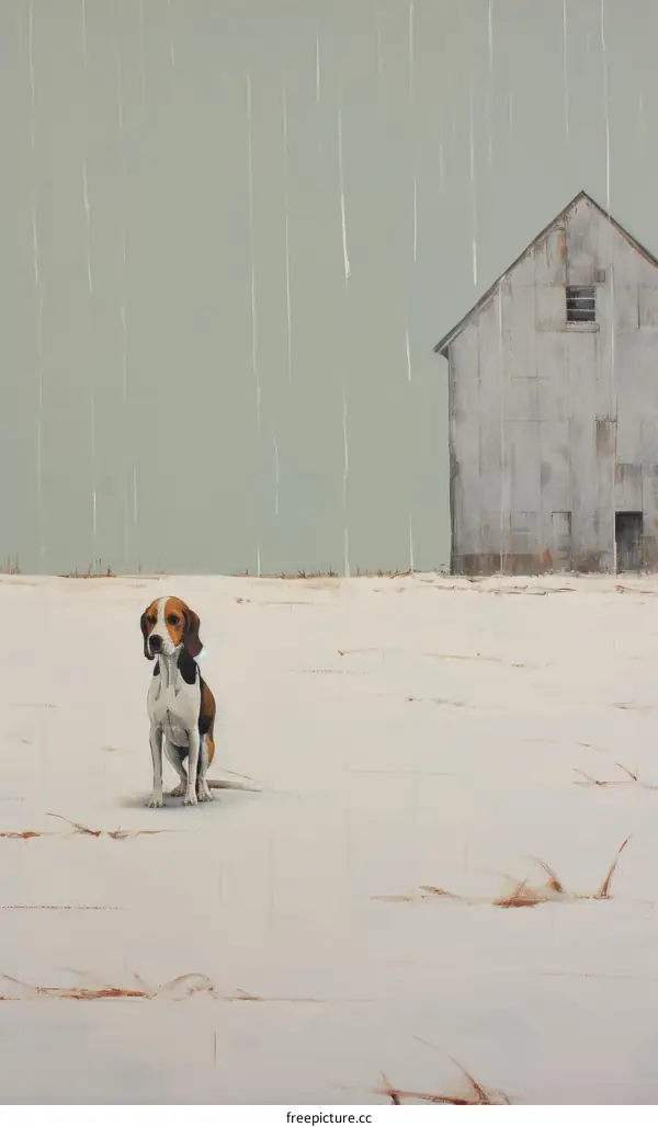 A Beagle Dog Sits in a Snowy Field in Front of a Barn
