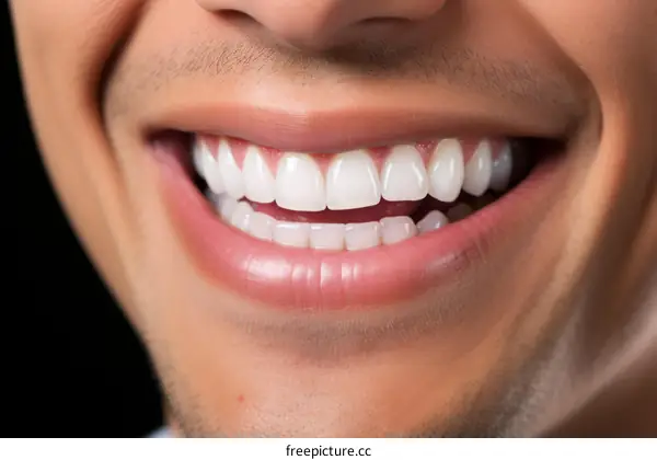 Close up of a smiling mouth with very white teeth