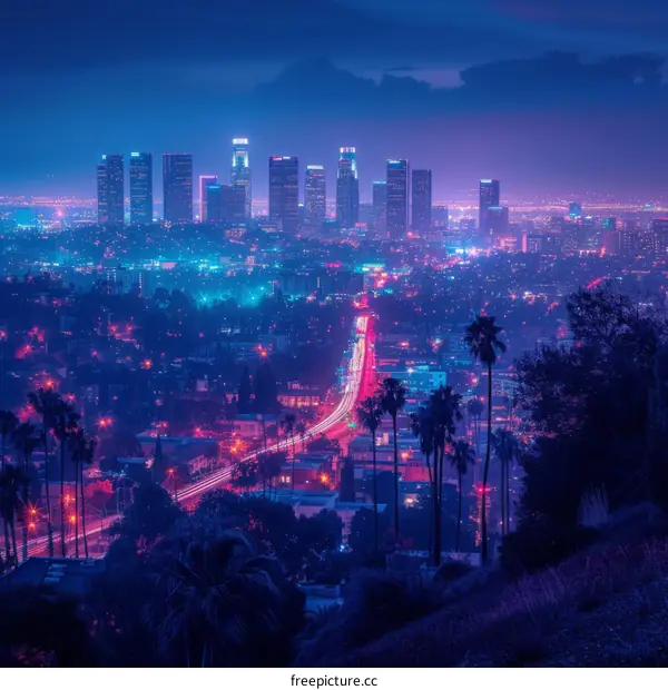 Los Angeles Night Skyline with Palm Trees