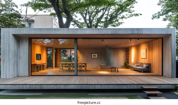 Modern Concrete and Wood House Exterior with Sliding Glass Doors