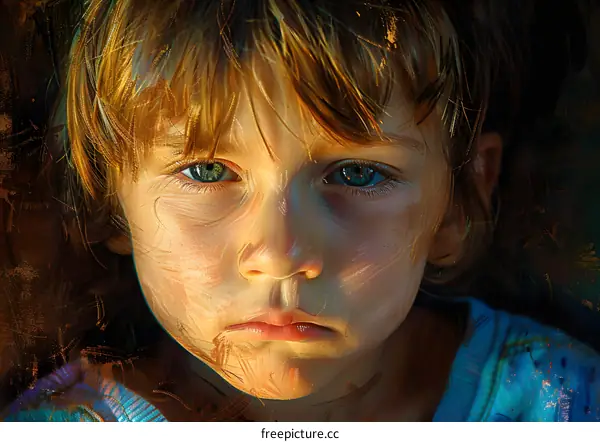 portrait of a sad looking child with green eyes