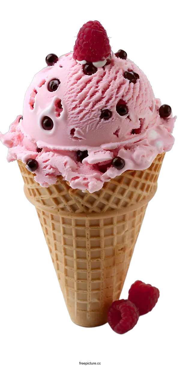 [Transparent Background PNG]Strawberry Ice Cream with Raspberry and Chocolate Chips