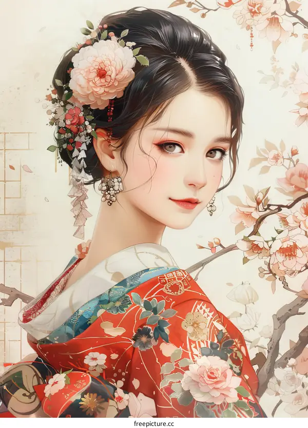 A beautiful Japanese woman in a kimono with flowers in her hair