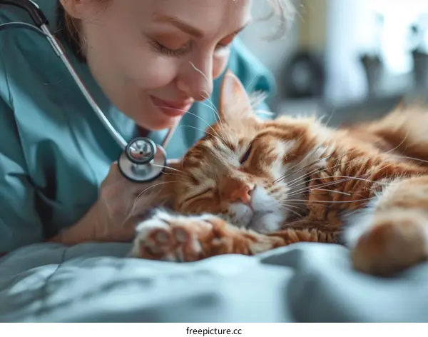 Close up of a veterinarian examining a ginger cat