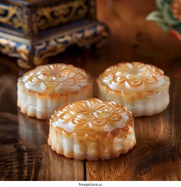 Close Up of Three Chinese Mooncakes on Wooden Table