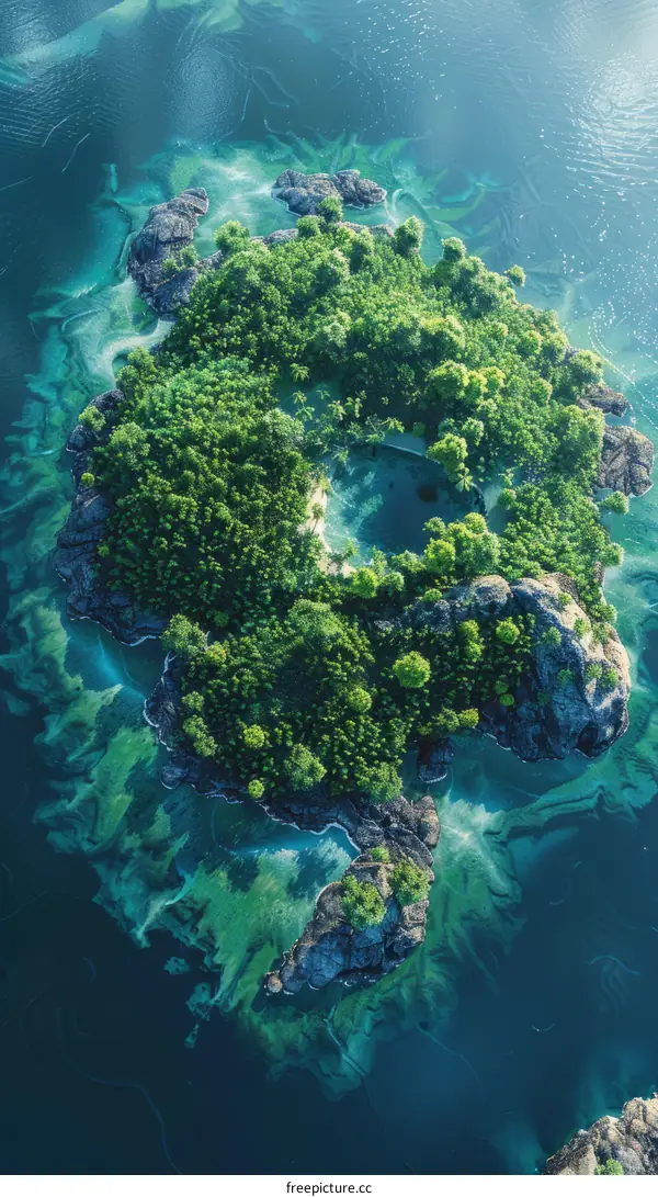 Small island with green vegetation and a blue lagoon