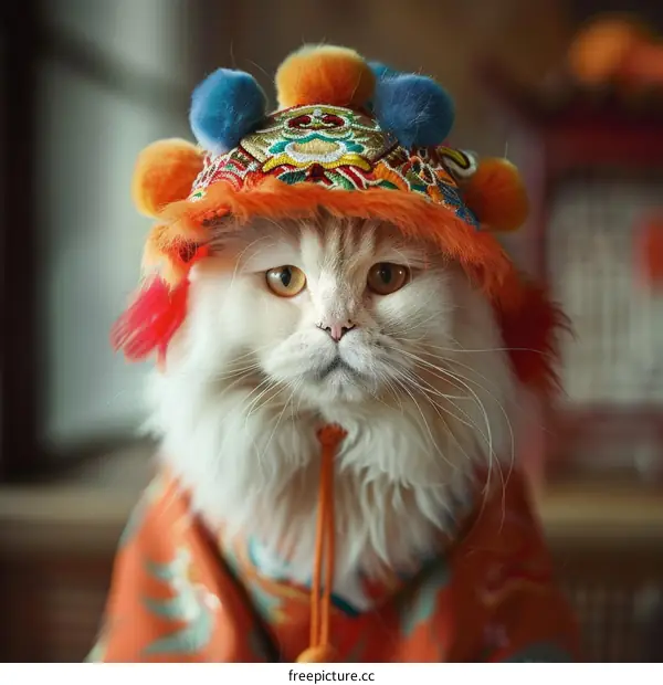 A ginger cat wearing a traditional Chinese hat