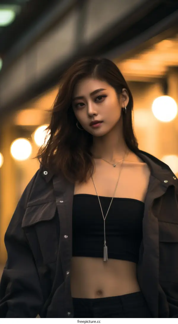 Portrait of a young Asian woman in a black crop top and black jacket standing in front of a blurred background of city lights.