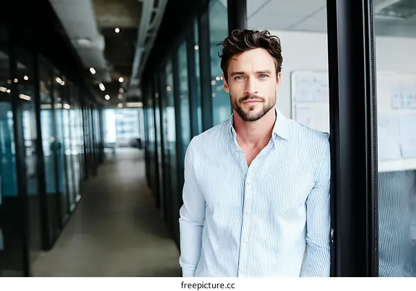 Businessman in modern office hallway