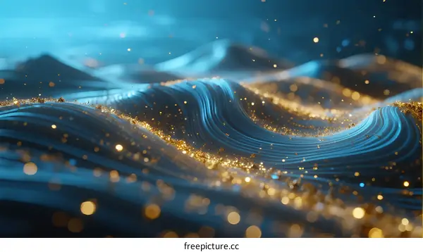 Abstract Digital Waves with Glowing Particles in Blue Tones
