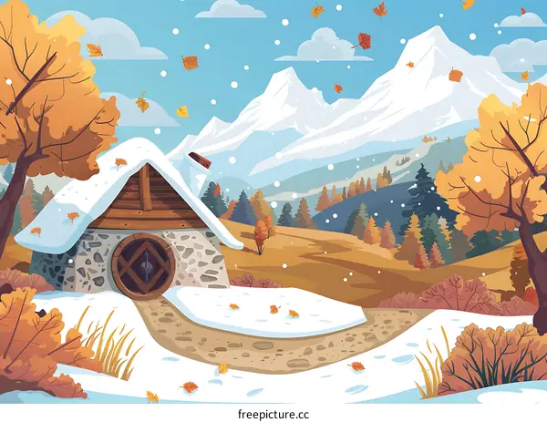 Winter Landscape With Snow Covered Stone House