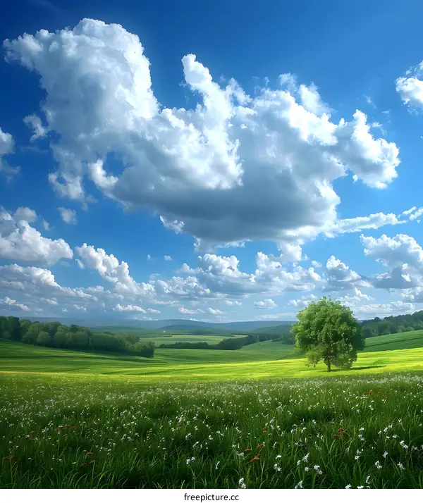 Green field under blue sky with white clouds