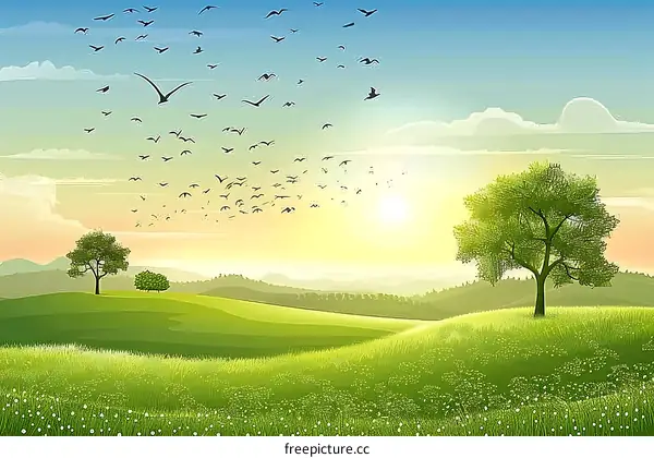 Green Meadow Landscape With Flock of Birds Flying