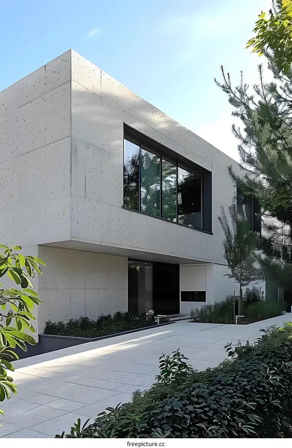 Modern Concrete Building with Large Windows and Greenery