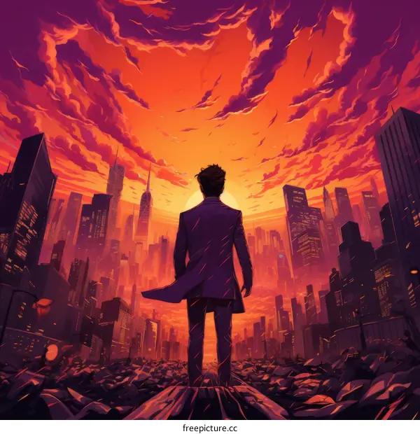 Man in suit looking at ruined city