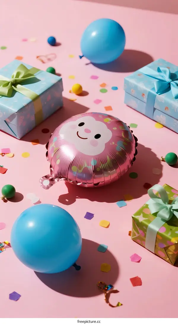 Colorful Balloons with Gift Boxes and Confetti on Pink Background