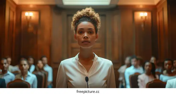 Black Female Lawyer Stands in Courtroom Staring at Camera