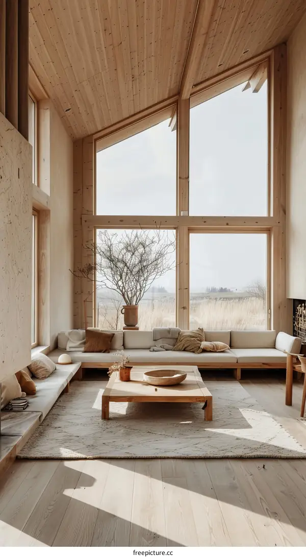 A wooden house interior with a large glass window looking out onto a field