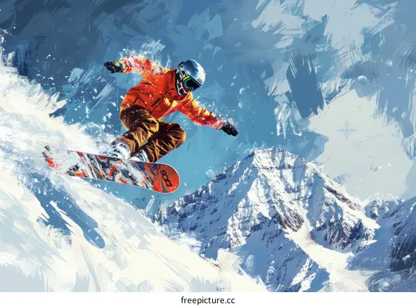 Snowboarder Jumping Over Snowy Mountain Peak