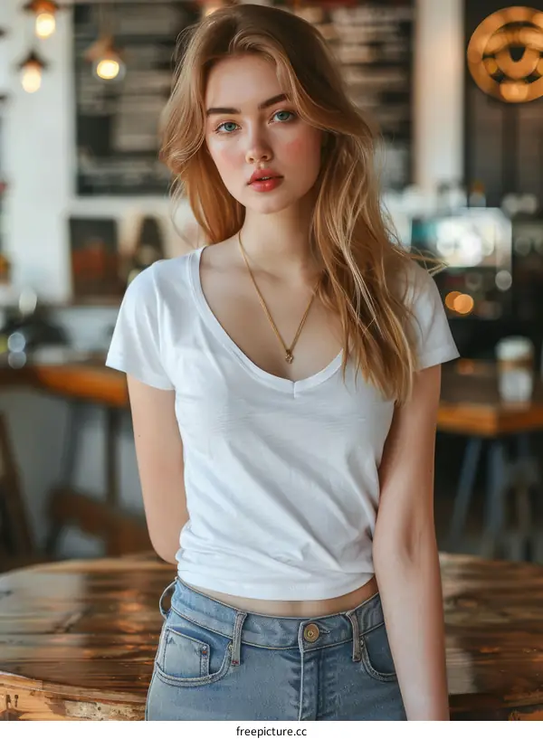 Portrait of a beautiful young woman with long blond hair wearing a white t-shirt and blue jeans standing in a cafe