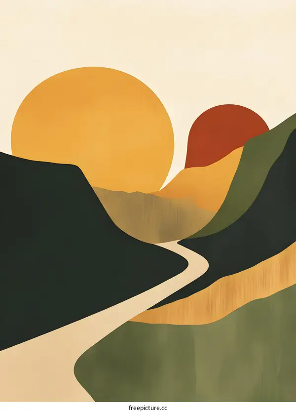 Abstract Minimalist Mountain Landscape with a Winding Road