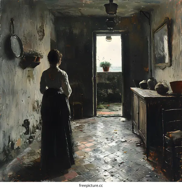 A woman standing in a doorway looking out at the sea