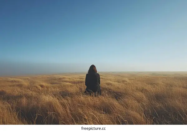 Lonely woman sitting in a field of wheat