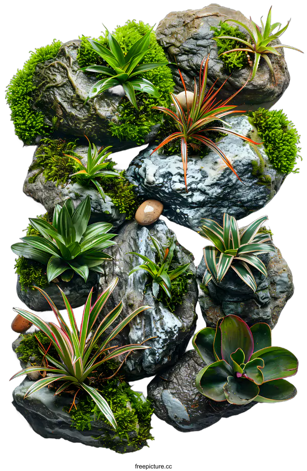 [Transparent Background PNG]Vertical garden of green plants on stone