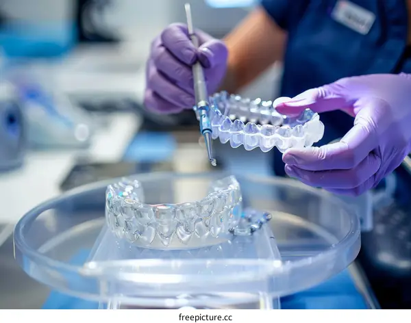 Dentist holding a pair of clear braces with purple gloves
