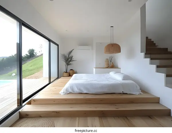 Modern Minimalist Bedroom With Wooden Platform Bed And Large Window