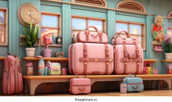 A pink pastel illustration of a room with pink suitcases