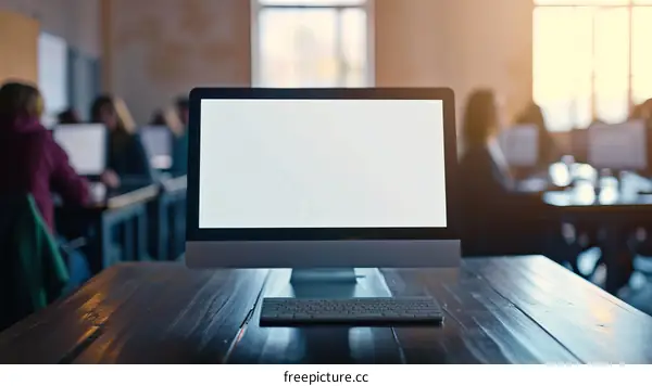 An iMac Pro and a monitor on a wooden table in an office with people working in the background