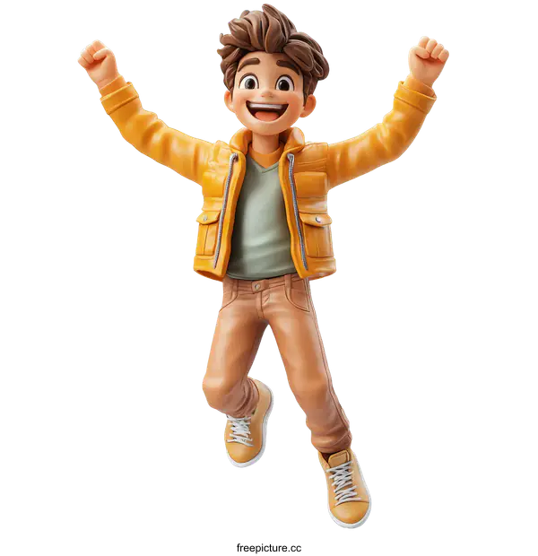 [Transparent Background PNG]Cheerful Cartoon Boy Jumping with Excitement
