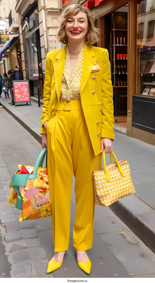 Woman In Yellow Suit Holding Bags On Street