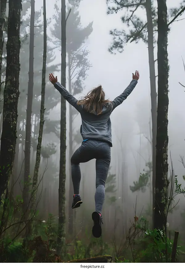 Woman Jumping in Foggy Forest