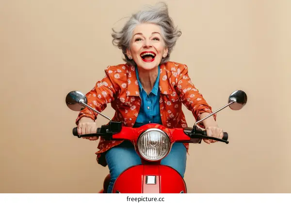 Happy Senior Woman Riding a Retro Scooter