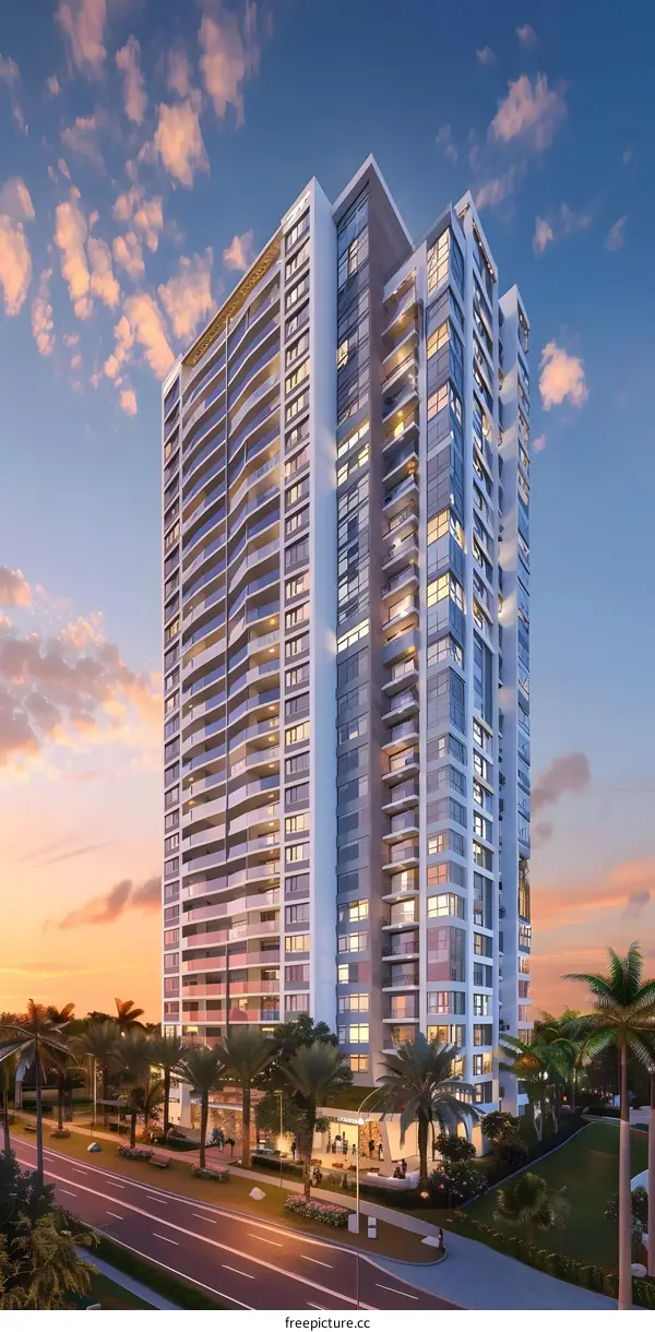 Modern Apartment Building with Palm Trees at Sunset