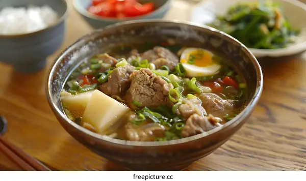 Steaming bowl of beef stew with radish and boiled egg