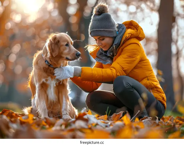 A young woman petting a dog in the park