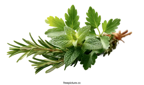 [Transparent Background PNG]Fresh Aromatic Herbs Bouquet Close-up