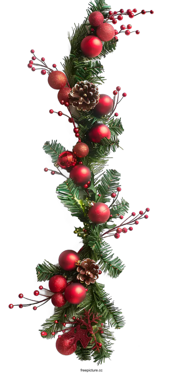 [Transparent Background PNG]Christmas Garland Decoration with Red Ornaments and Pine Cones