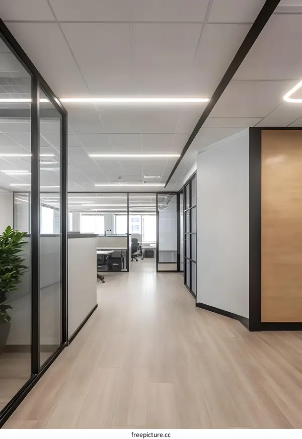 Modern Office Corridor With Glass Walls And Light Wood Flooring