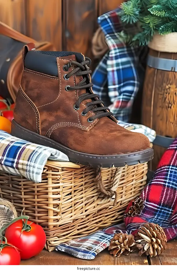 Brown Suede Boots on a Wicker Basket
