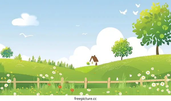 Green Meadow Landscape With Little House and White Birds