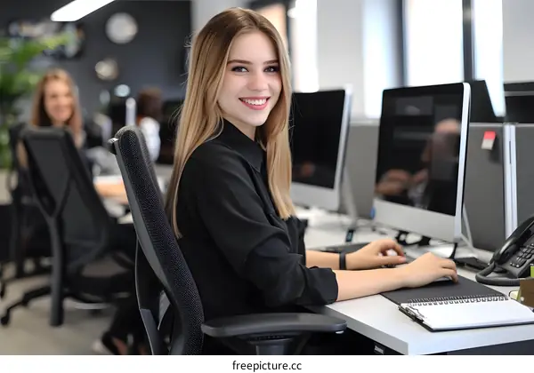 Smiling Woman Sitting at Her Desk in an Office