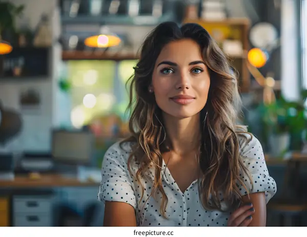 portrait of a beautiful young woman with long brown hair and blue eyes