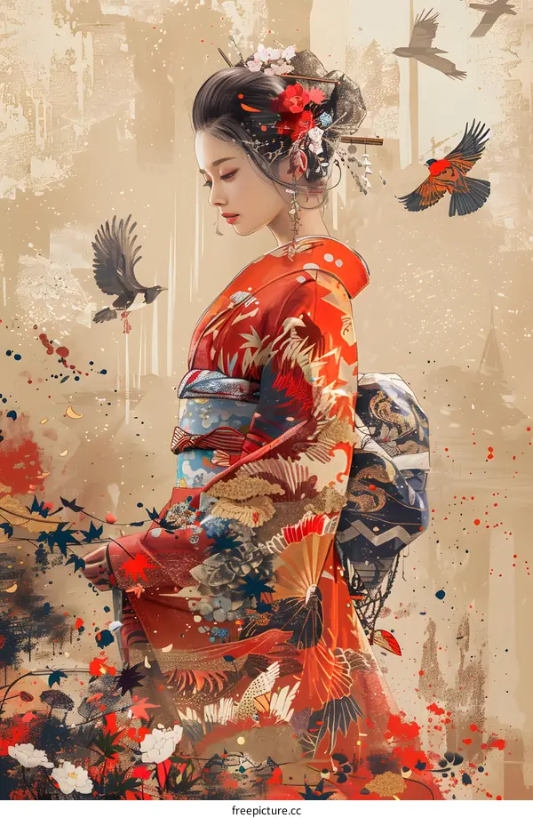 A woman in a red kimono with a fan and a bird